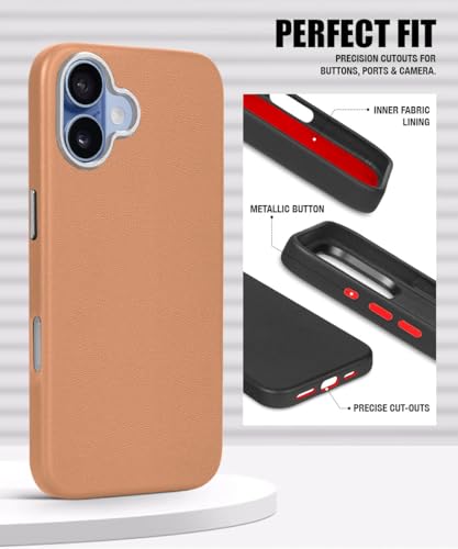 Image of WOW IMAGINE Back Cover for iPhone 17 | Shockproof Tough Leather Texture Hard Mobile Case | Ultra Slim Non-Slip Grip | Inner Velvet Fabric | Metal Camera Ring - Tan Brown