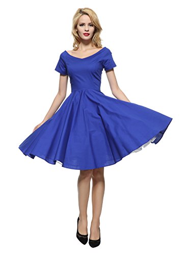 Maggie Tang 60s Vintage V-Neck Swing Rockabilly Pinup Party Dress RoyalBlue M