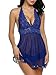 Produktbild Touchlover Damen Spitze Dessous Nachtwäsche Nachtkleid Nachthemd Lingerie Reizwäsche Set mit G-String Tief V-Asuschnitt (Blau, XL)