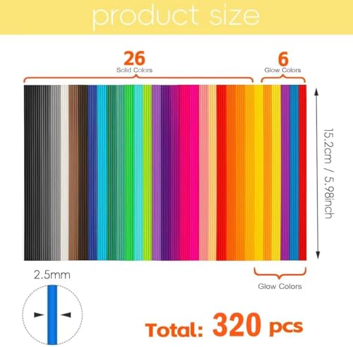 Jyvex 320 Stück 3D Druckstift Filament Nachfüllungen für 3Doodler Pen, 32 Farben PCL Filament (15cm), Niedrige Drucktemperatur & Glow-in-the-Dark