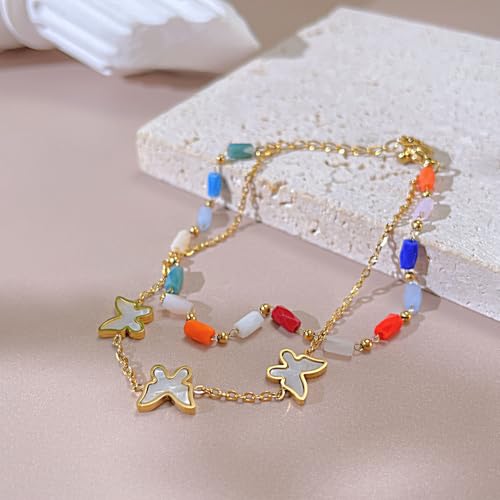 Image of Fashion Stainless Steel Acrylic Bead Butterfly Charm Chain Bracelet Double Layer Stack Adjustable Link Bracelet(Gold)