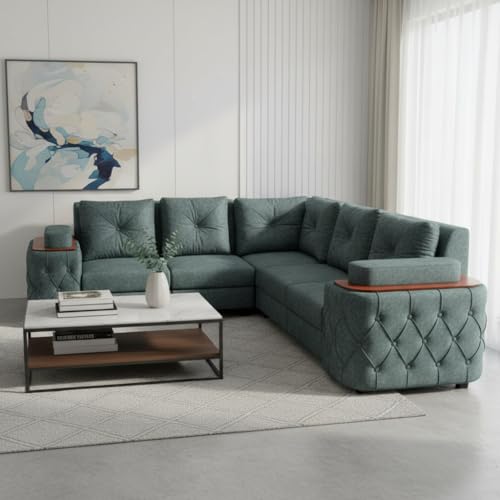 Image of APRODZ Wooden Sofa Set 6 Seater for Living Room, Solid Wood L Shape Sectional Sofa with Velvet Fabric Upholstery, Cushioned Seating for Home, Office & Lounge, Smoky Teal