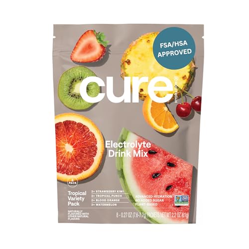 Cure Hydration | Plant-Based Electrolyte Drink Mix | No Added Sugar | FSA-HSA | Dehydration Relief Powder Made with Coconut Water | Non-GMO | Vegan | 8 Packets - Tropical Variety Pack