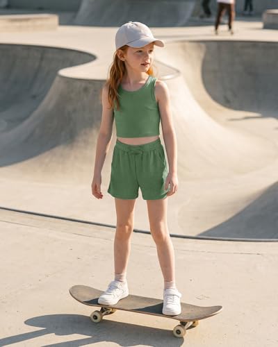 Image of Stelle Girls 2 Piece Outfits Tank Top and Shorts with Pockets 5-15 Years | Girls Ribbed Tops,Crop Tops,Scoop Neck,Sleeveless Tops,Elastic Waist Shorts,Bow Waist,Side Pockets