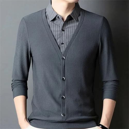 Men's Striped Button Sweaters Formal Fake Two Pieces Pullover Tops Long Sleeve Casual Jumper4