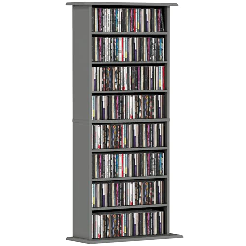 HOMCOM Rangements pour CD et DVD, meuble de rangement multimédia, capacité 360 CD/185 DVD et Blu-ray, 8 compartiments et 6 étagères réglables, pour salon,...