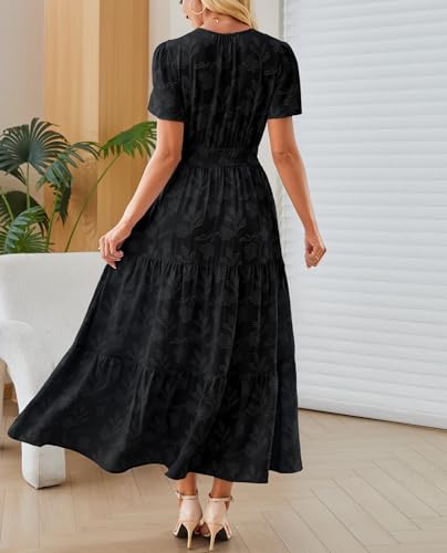 Image of Women's Maxi Dresses Boho Burnout V Neck Short Puff Sleeve Smocked Empire Waist Long Wedding Guest Semi Formal Dress Pockets