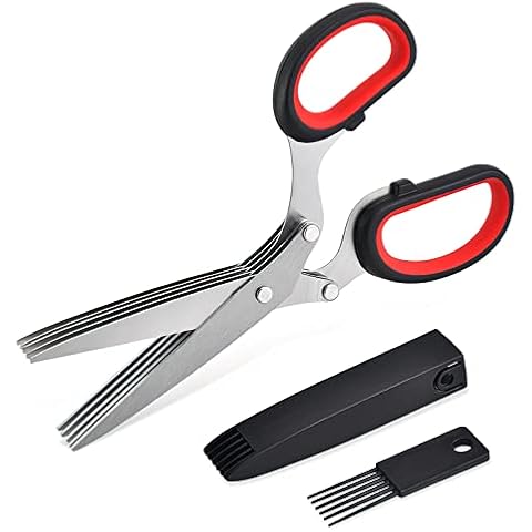 Herb scissors, Multipurpose Cutting Shears with 5 Blade Kitchen Salad Scissors, Safety Cover and Cleaning Comb for Chopping Cilantro Onion Basil Chive Parsley, Black Cover