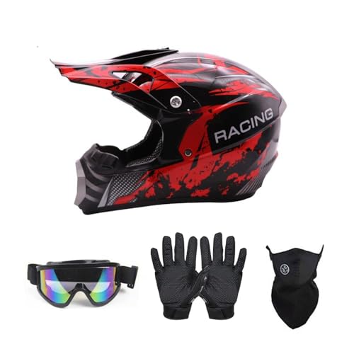 Youth Kids Motocross Helmet, Full Face Motorcycle Dirt Bike Off-Road Mountain Bike BMX ATV Helmet, DOT Approved, 5Pcs Set (W/Gloves Goggles Mask), Red, L