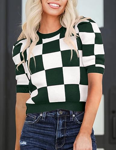 Image of Womens Puff Short Sleeve Sweater Tops Crewneck Basic Knit Pullover Lightweight Casual Sweaters
