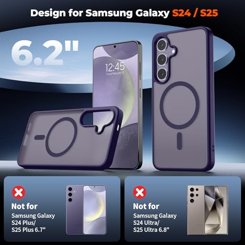 Image of SUPFINE Magnetic for Samsung Galaxy S24 Case / S25 Case with Screen Protector, (Built-in Magnets) (Military Grade Drop Protection) Slim Translucent Shockproof Phone Case,Dark Purple