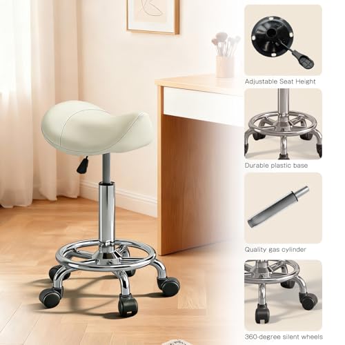 Image of Saddle Stool with Wheels, Adjustable Rolling Stool Chair with Back Support, Ergonomic PU Leather Saddle Chair for Salon, Massage, Tattoo, Medical, Spa, Office (White, 1PCS)