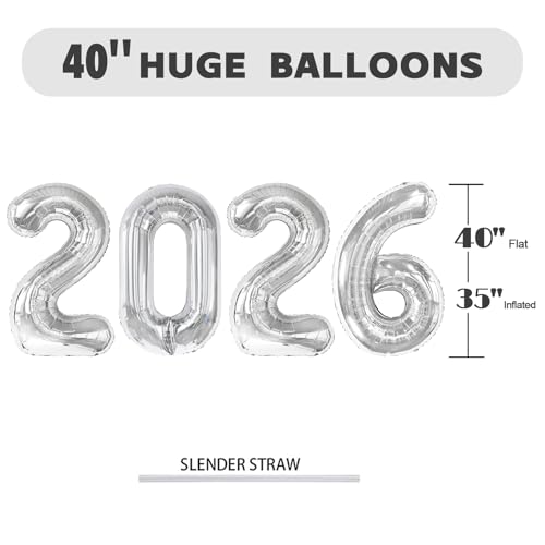 Image of Number Balloons 2026 Balloon Silver for 2026 Party Decorations, 40 inch | Saturated Color, Large 40 inch, With Straw & Hanging Hole, For Back-To-School Season, Anniversary, Christmas, New Year