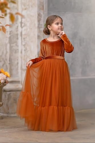 Long Sleeve Flower Girl Dress Velvet Tulle Princess Pageant Dresses for Girls Floor Length Prom Gown2