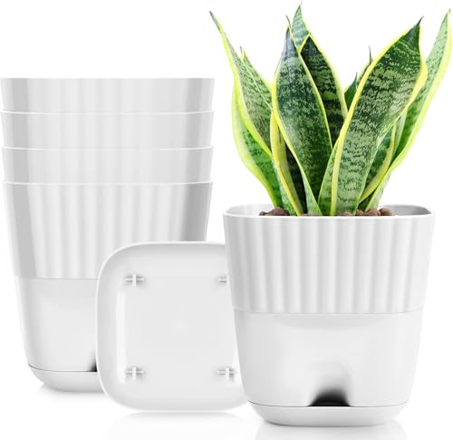 Image of StyleX Store Pack of 5 Self Watering Flower Pot, Indoor Outdoor Modern Plant Pot with Integrated Water Tray for Home Balcony Garden Office, Square Decorative Pot for Plants Succulents Herbs (White)