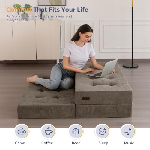 Image of MAXYOYO 6 inch Folding Sofa Bed for Floor, Tufted Tri-Fold Floor Mattress | Queen Size Portable Sofa Couch Guest Mat with Chenille Fabric for Adults, Foldable Topper for Camping, Brown, Queen