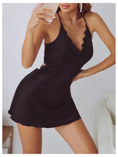 Image of RoseSeek Women's Spaghetti Strap Silk Nightgown Sexy Satin Mini Slip Dress | Backless, Criss Cross, Lace, Sleep Dress, Nightdress, Mini Slip Dress, Sexy Chemise Lingerie Sets