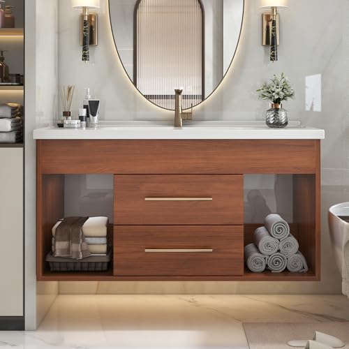 Nimaolt 36" Modern Bathroom Vanity Sink Set Wall-Mounted Bathroom Vanities with Ceramic Sink 36 inch Floating Walnut Wood Bathroom Sink Cabinet with 2 Drawers&2 Open Shelves&Gold Metal Handle