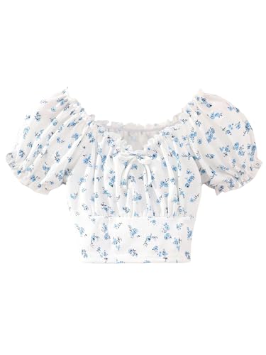 OYOANGLE Girl's Floral Print Short Puff Sleeve V Neck Crop Blouse Frill Trim Cropped Shirt Tops