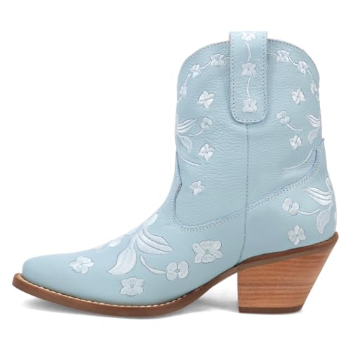 Dingo Womens Sweetheart Floral Embroidered Snip Toe Pull On Casual Boots Ankle Mid Heel 2-3" - Blue3