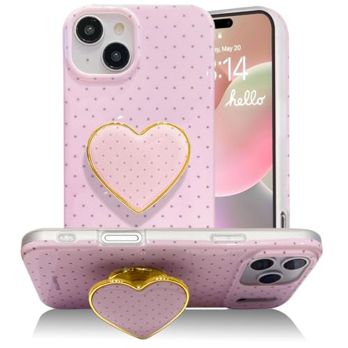 Sutpstmt for iPhone 14 Plus/15 Plus Cute Case with Polka Dot Pink Phone Case with Love Heart Stand Printed TPU Shockproof Candy Color Cover for Girls WomenPink for iPhone 14 Plus/15 Plus