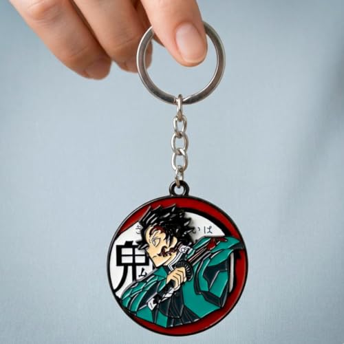 Image of Demon Slayer Tanjiro Keychain, Round Metal Anime Keyring, Green Checkered Manga Accessory for Backpacks, Car Keys, Souvenir Gift