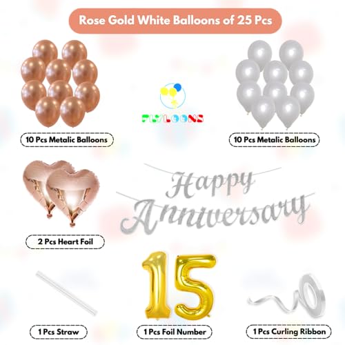 Image of Flyloons 15th Happy Anniversary Decoration Items Rose Gold White for Men Women Husband Wife Mom Dad Parent Couple Home Bedroom Car With 20 Pcs Metallic Balloons Anniversary Banner 2 Pcs Heart Set Kit