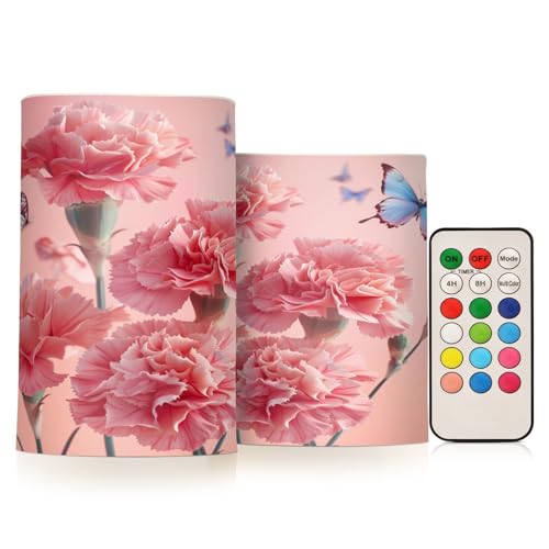 ALAZA Carnation Flowers with Butterflies Flickering Flameless Candles Battery Operated with Remote Timer,Tea Light Candles LED Pillar Votive Candles Set of 2 for Outdoor Indoor Decorations