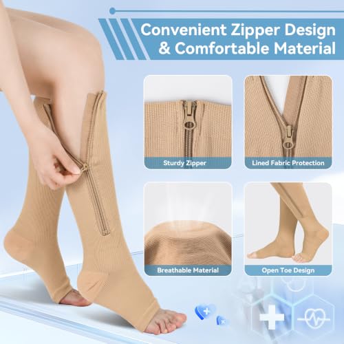 Image of Athbavib 2 Pairs Compression Socks for Women & Men with Zipper 15-20 mmhg, Wide Calf Open Toe Plus Size Compression Socks Men, Knee High Compression Stockings for Flying Nurses Pregnant Women Travel