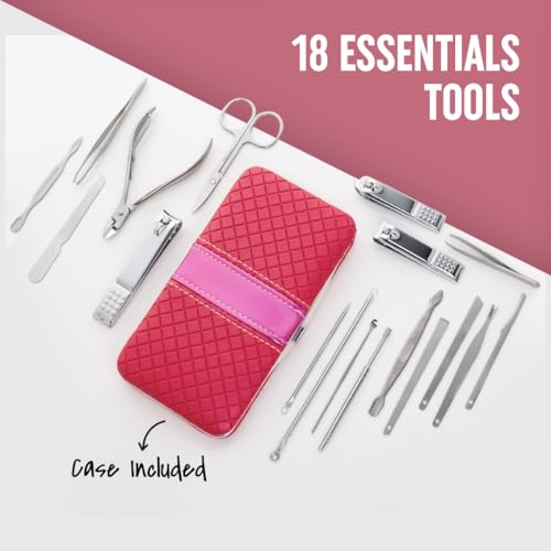 Image of Gleva 18 Pieces Stainless Steel Manicure Kit, Nail Cutter Set, Manicure Pedicure Kit, Manicure Set, Personal Care Nail Clipper Kit, Nail Kit, Nail Tools with Leather Travel Case For Men & Women (Dark Pink)
