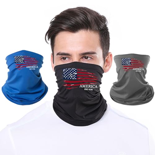 3pcs Neck Gaiter Bandanas for Men Face Mask Cover Balaclava Cooling Neck Gator Gaiters for Men Head Scarf American Flag Motorcycle Face Masks for Sun Protection Breathable Headwear Headband Fishing