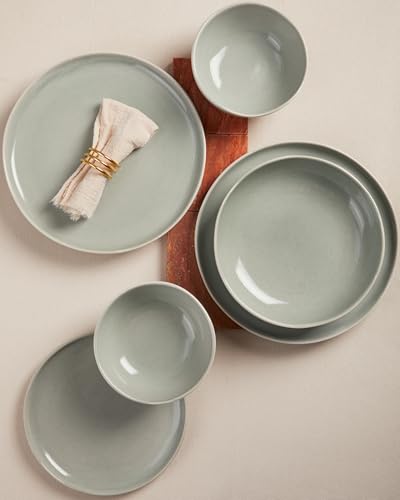 Image of Large Holiday Dinnerware Sets for 8, Ceramic Plates and Bowls Set, Kitchen Dish Set, Microwave & Dishwasher Safe Dishware, Perfect for Christmas & Thanksgiving, Gray Green