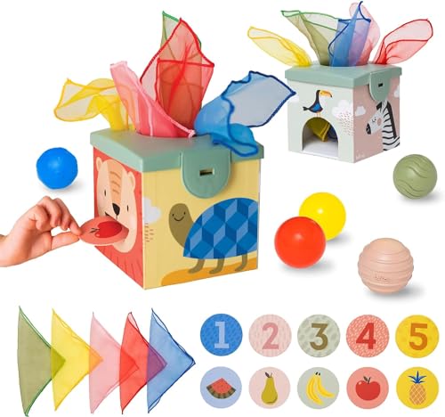 Image of Taf Toys Sensory Baby Tissue Box, Object Permanence Box, Imaginary Play for Infants & Toddlers, Montessori Square Sensory Toys Colorful Pull Scarves, Play Balls & Cards Educational Preschool Learning