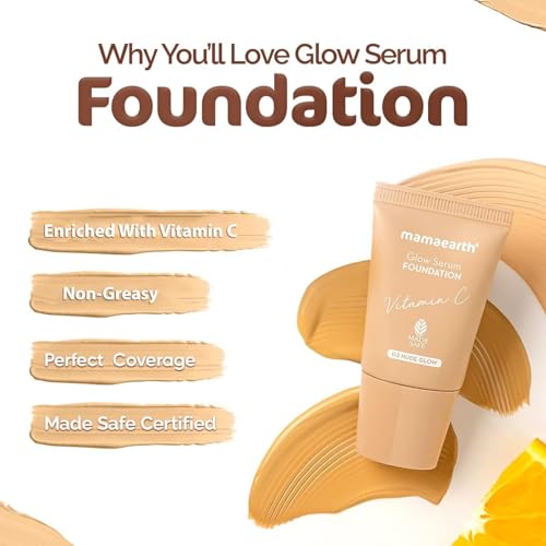 Image of Mamaearth Glow Serum Foundation Mini Tube With Vitamin C & Turmeric For 12-Hour Long Stay- 18 Ml L 12-Hour Long Stay | 2X Instant Glow (Nude Glow), Full, Matte