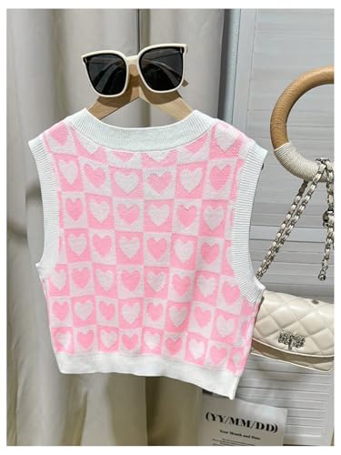 SweatyRocks Girl's Heart Print Sweater Vest V Neck Sleeveless Pullover Knitwear Tops2
