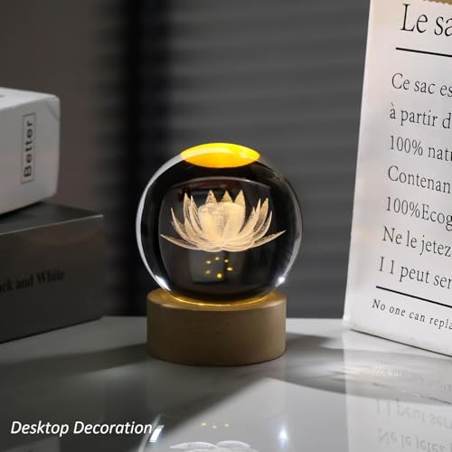 Image of 3D Crystal Ball LED Night Lamp with Wooden Base | Warm Light Bedside Table Lamp for Bedroom, Living Room, Kids Room, Study, Home Decoration & Gifting (Lotus)