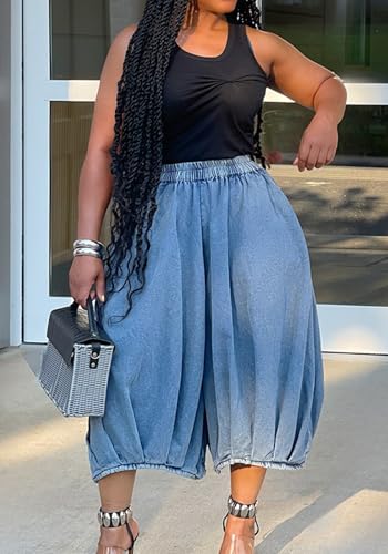 Women's Baggy Jeans Loose Elastic Waist Stretchy Denim Harem Pants Wide Leg Capri Jeans Streetwear2