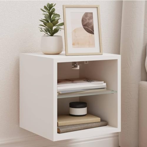 YuuSsea Mueble de pared para TV con luces LED, color blanco, 30 x 28,5 x 30 cm, madera, montaje en pared, espacio de almacenamiento versátil para sala de estar