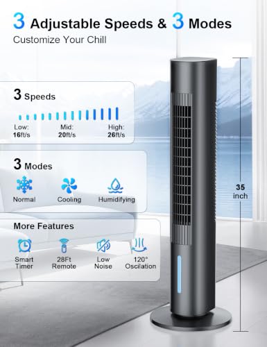 Image of Windowless Air Conditioner, 35 inch Evaporative Air Cooler with 3 Speeds & 3 Modes, 25ft Remote & Smart Timer, 120Oscillating Swamp Cooler No Window Needed Portable Air Conditioners for Bedroom
