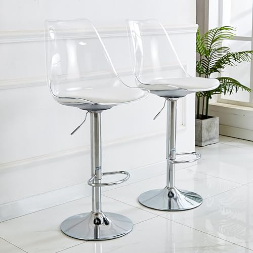 Juego De 2 Taburetes De Bar De AcríLico, Taburetes De Bar Ajustables Modernos, Sillas De Altura De Mostrador Respaldo De AcríLico Y Asiento De Cuero De Pu, Taburetes De Bar Giratorios Ideales Para Bar