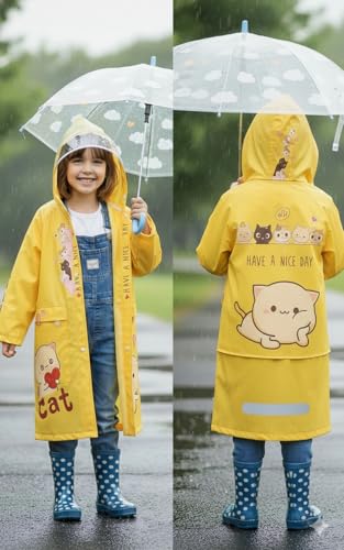 Image of FashionIO Hooded Raincoat for Kids with Wide /Inflated Brim Solid PVC Student Kids Raincoat with School Bag Rain Cover Cartoon Print Raincoats