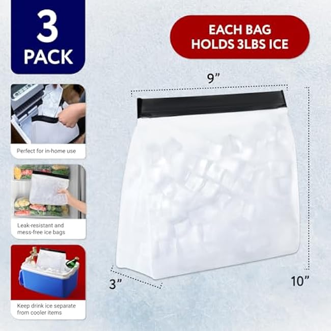 IMPRESA 3-Pack Reusable Ice Bag Set - 10 x 9 x 3 in Clear - Leakproof Zip Closure & 9 lb Capacity - Freezer & Dishwasher Safe - RV & Cooler Storage