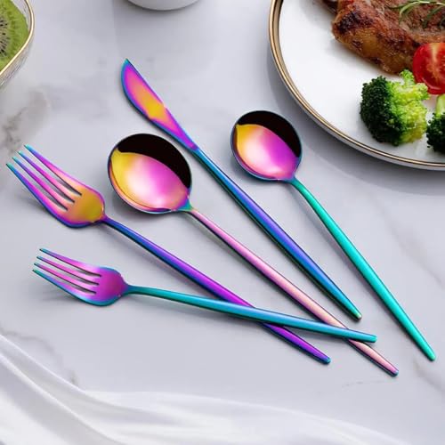 Image of aDai Korean Premium 40 Piece Stainless Steel Cutlery Set | Modern Flatware for Dining | Elegant Gift Box for Everyday Use (Rainbow)