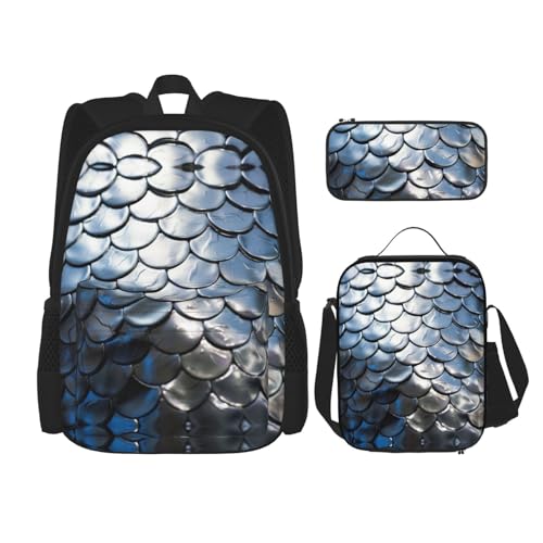 nanger Silver Fish Scale Print 3-Piece Set Backpack, Lunch Bag And Pencil Case, For Travel, College, And Daily Use