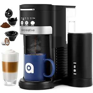 Sincreative Single Cup Coffee Maker with Milk Frother, Single Serve Brewers for K Cup Pod or Ground Coffee, Latte Cappuccino Coffee Machine with Strong Brew Function, Gifts for Coffee Lovers
