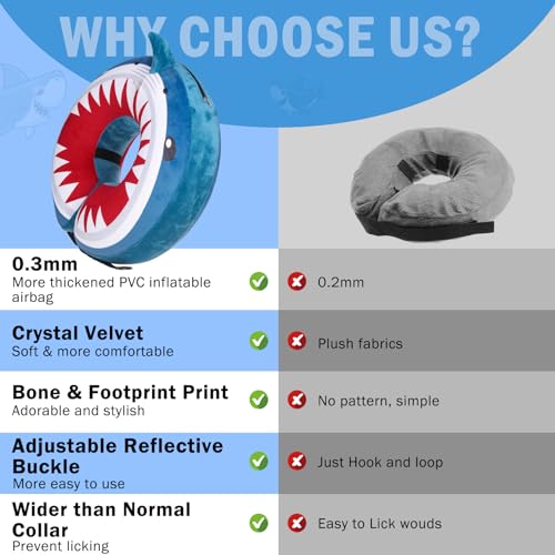 Image of SCENEREAL Dog Cone Alternative After Surgery Pet Recovery Collar for Small Medium Large Dogs Cats, Adjustable Inflatable Donut to Prevent Licking, Shark Print E-Collars S