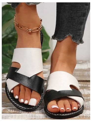 Image of Verdusa Women's Color Block Flat Leather Sandals Open Toe Vacation Slip on Slides