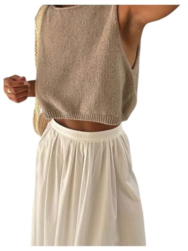 Women's Sleeveless Crop Sweater Vest Crew Neck Knit Tank Top Summer Pullovers