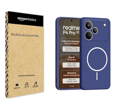 Image of amazon basics Back Cover for Realme P4 Pro 5G | Ultra Slim Soft Rubberised Case | Magsafe Logo Printed (Not Magsafe Compatible) | Camera Protection - Blue