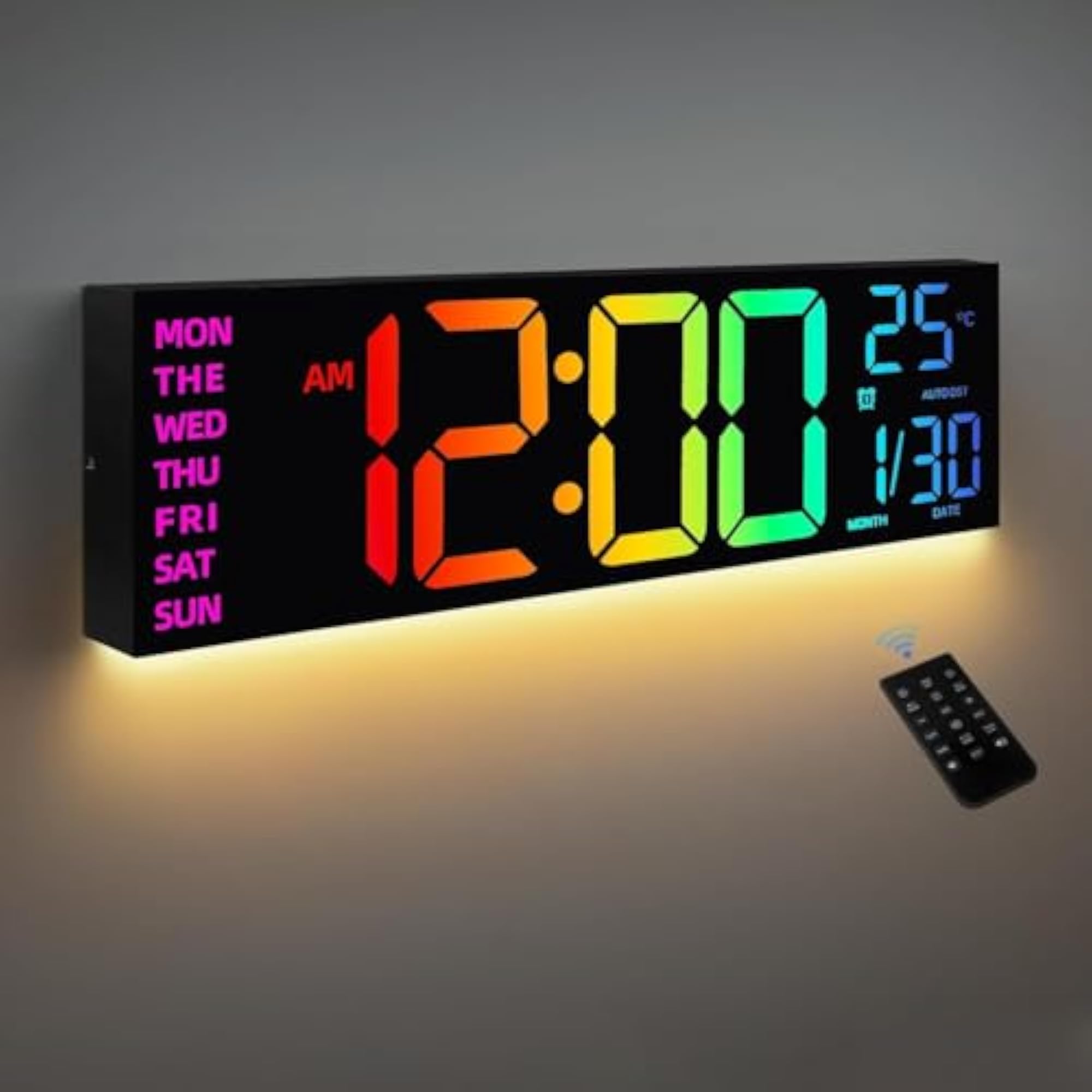 8 Colors Digital Wall Clock with Temperature & Night Light